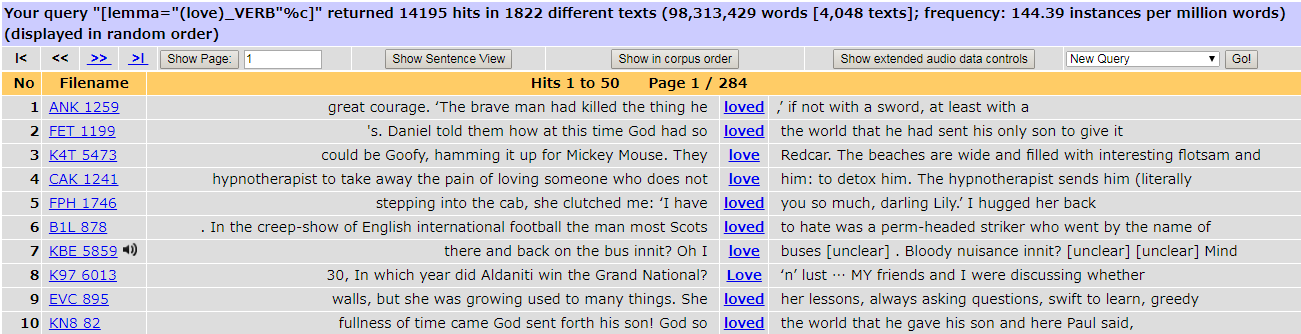 {love/V} in KWIC view, BNC
